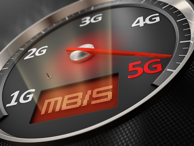 Car speedometer arrow which indicates 5G. 3d render