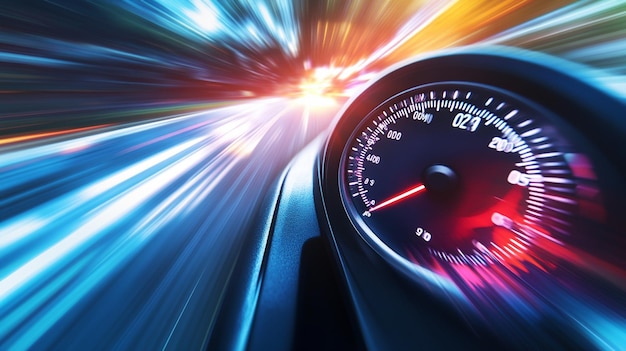 Photo a car speedometer displays high speed while blurred motion lights zoom past symbolizing speed