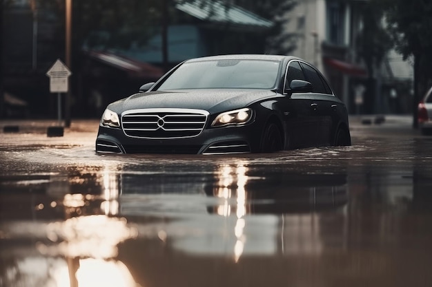 Car submerged in flood water car insurance concept generative ai