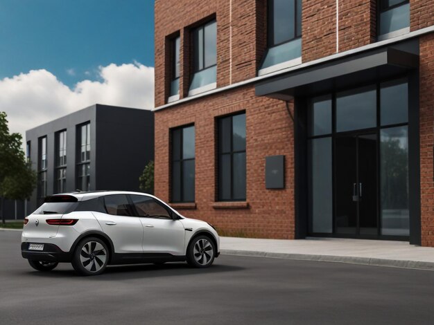 a car that is parked in front of a brick building