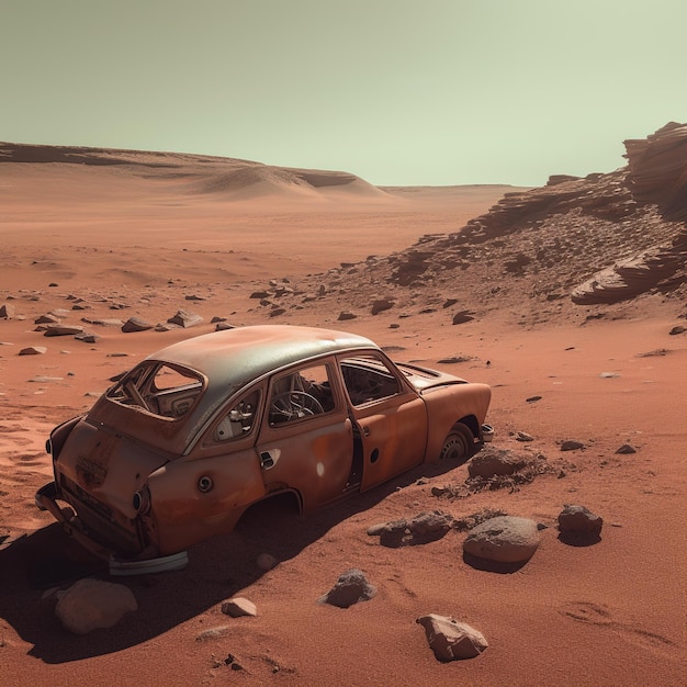 A car that is rusted in the desert