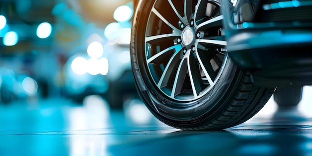 Car tire closeup in an auto repair shop amidst vehicles being serviced Concept Auto Repair Car Tire Vehicle Servicing Workplace Environment Closeup Shot