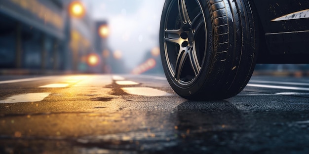 Photo a car tire is shown on a wet street