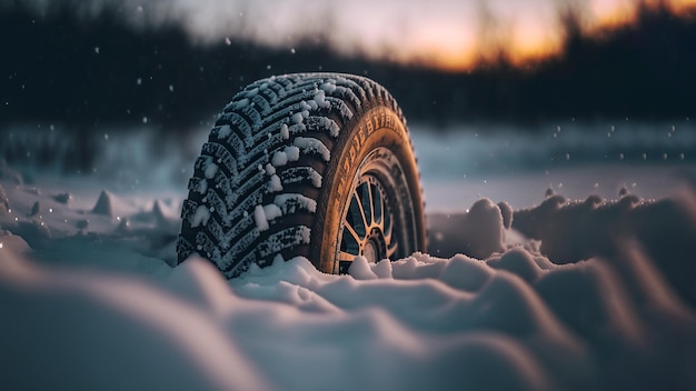 Car tire on snow covered road