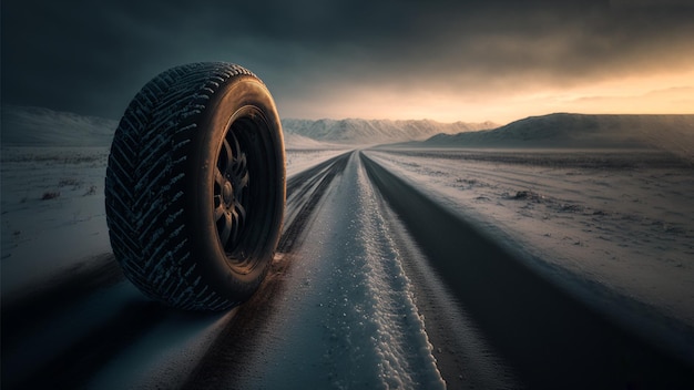 Car tire on snow covered road