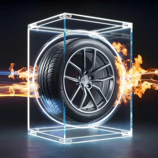 Photo car tire suspended in holographic frame with dynamic flames and light trails for social media post s