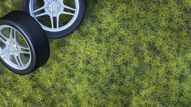 Car tires on grass