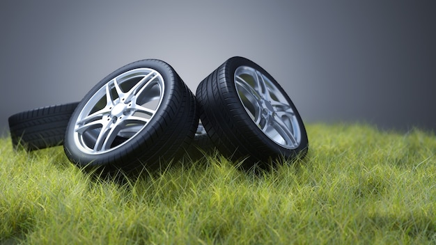 Car tires on grass