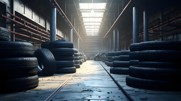 Photo car tires piles in factory storage area