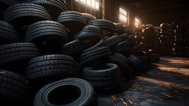 car tires piles in factory storage area