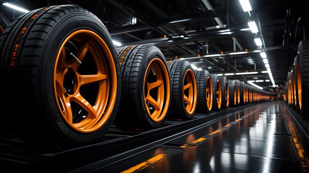 car tires piles in factory storage area