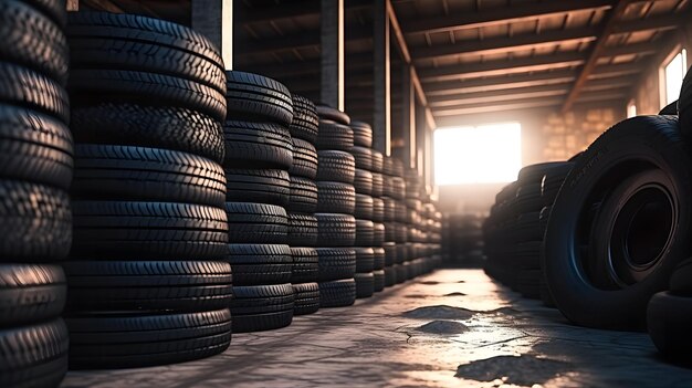 car tires piles in factory storage area