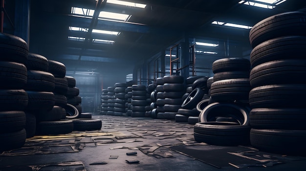 car tires piles in factory storage area