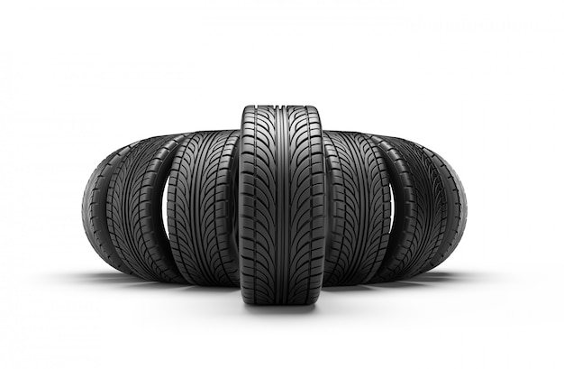 Car tires in row isolated on white wall. 3D rendering illustration.