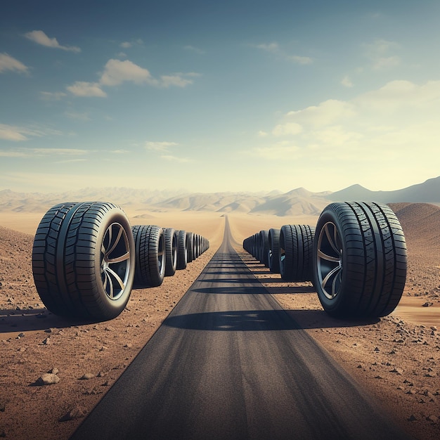 Car Tires Standing on a Road with Landscape