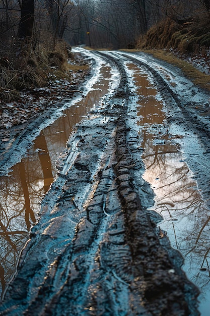 Photo a car trail on muddy dirty road with rain water