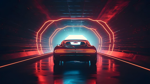 A car in a tunnel with the lights on.