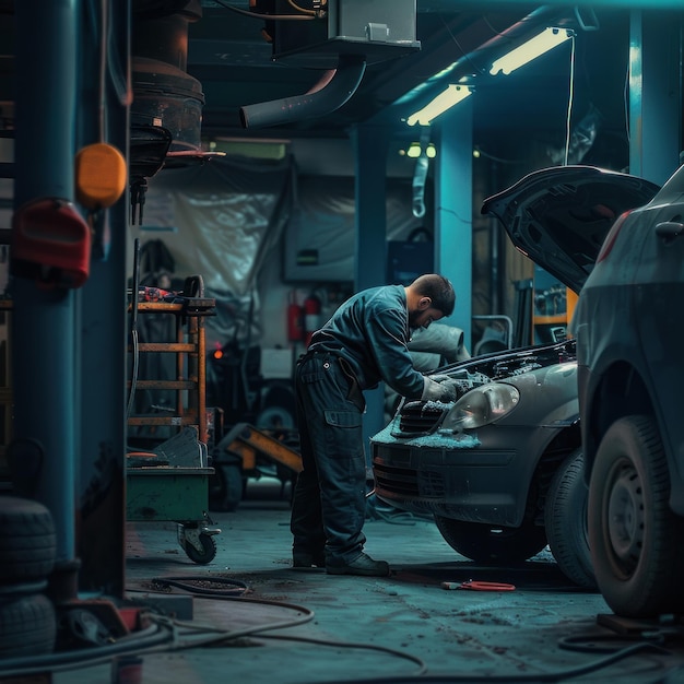 Photo car vehicle mechanic technicians are repairing and carrying out periodic maintenance checks