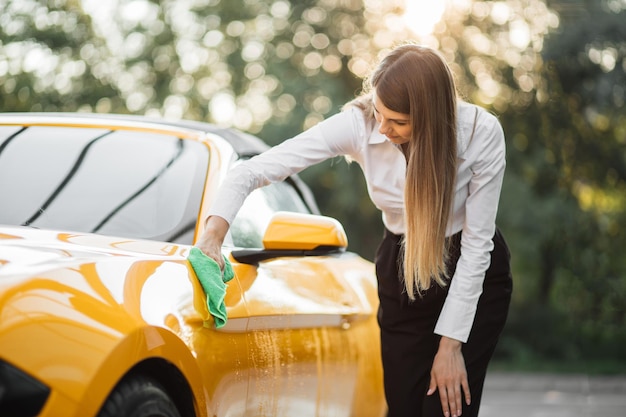 Car wash and cleaning at outdoors self service station