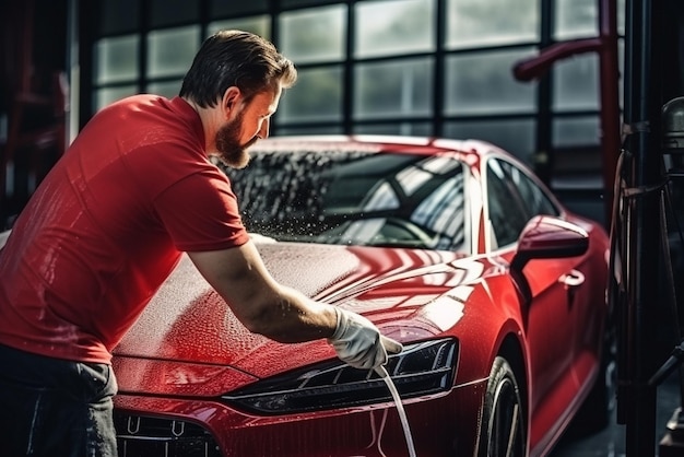 Car Wash Expert Using Water Pressure Washer to Clean a Red Modern Sportscar