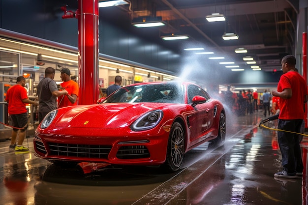 A car wash station with attendants meticulously cleaning and detailing a vehicle