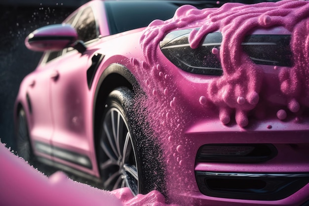 Car wash with pink foam AI generated