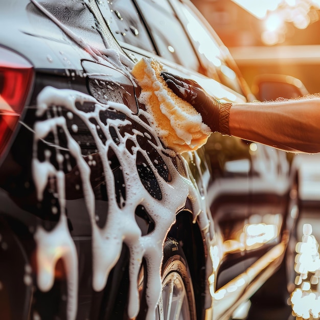 Car washer wipes windshield with foam sponge