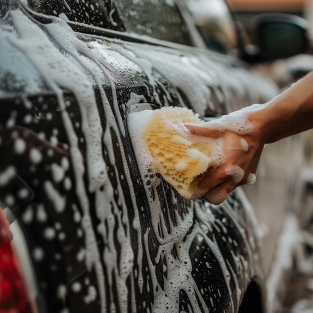 Car washer wipes windshield with foam sponge