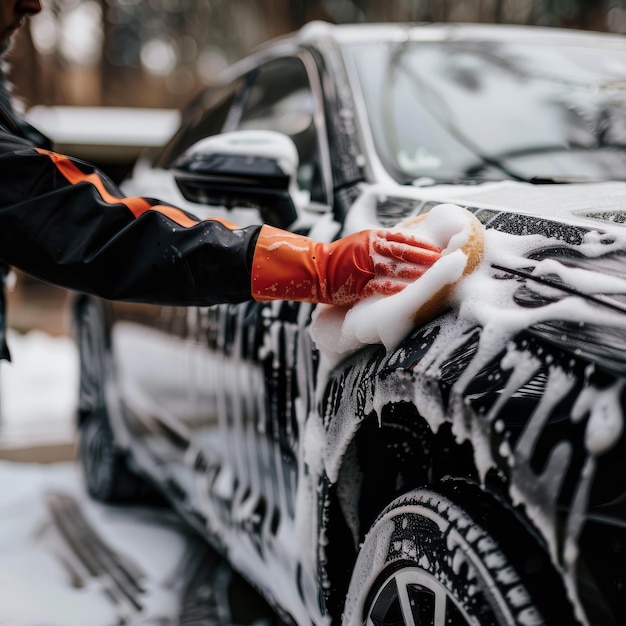 Car washer wipes windshield with foam sponge