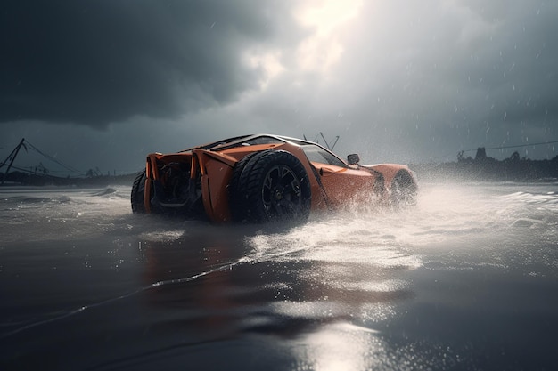 A car in the water with a man sitting on the front of it