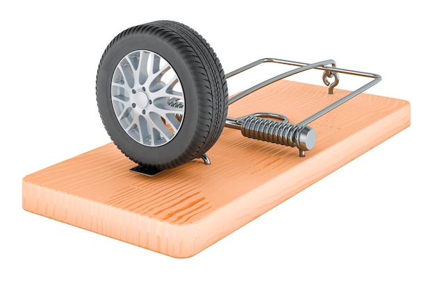 Car wheel inside mousetrap 3D rendering