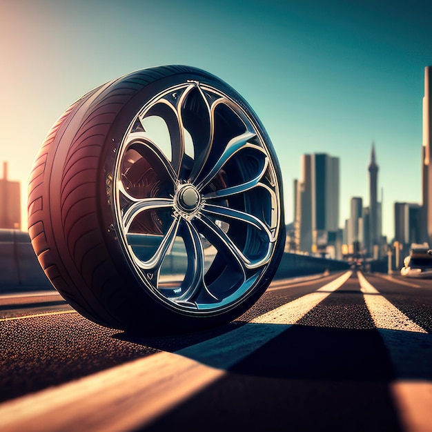 A car wheel is on the road in front of a cityscape.