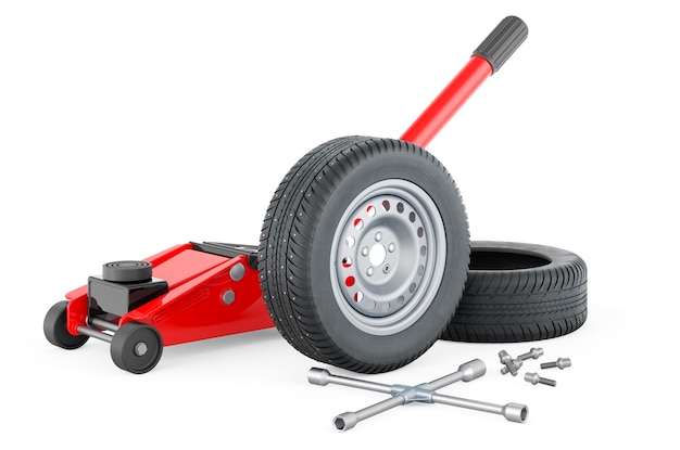 Car wheel with winter studded snow tire with cross wrench and hydraulic floor jack Tire fitting concept 3D rendering