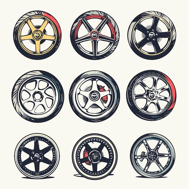 Car wheels icon tire silhouettes rim symbol doodle sketched auto wheels sign car tyre pictograms