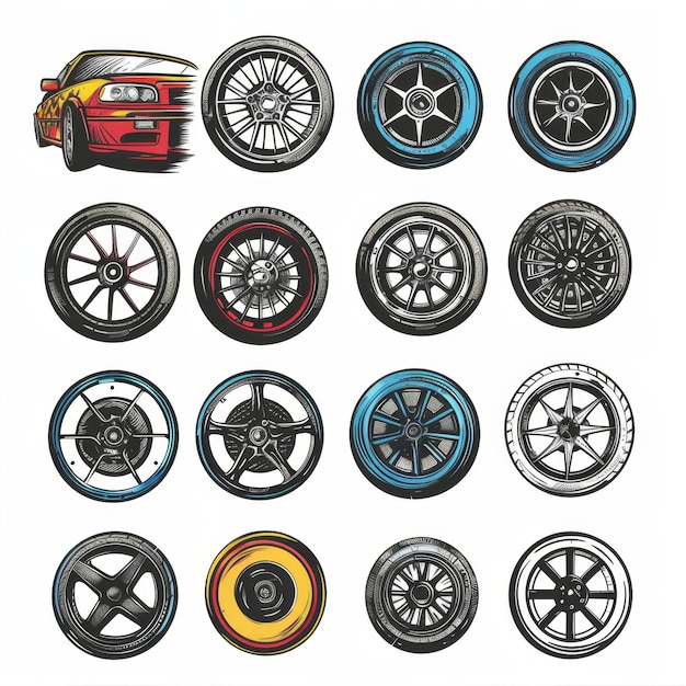 Photo car wheels icon tire silhouettes rim symbol doodle sketched auto wheels sign car tyre pictograms