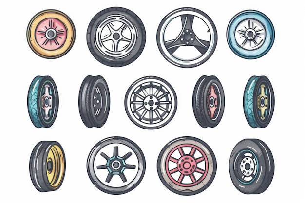 Photo car wheels icon tire silhouettes rim symbol doodle sketched auto wheels sign car tyre pictograms