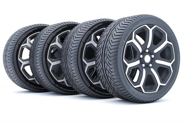 Car wheels isolated on a white background. 3D rendering.