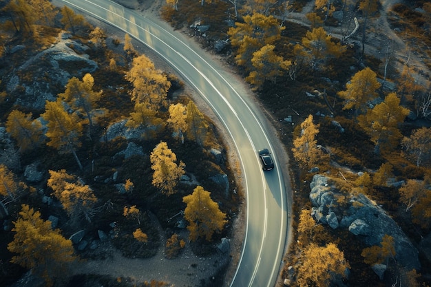 Photo a car winds down an autumnal forest road leaves blazing with fall colors