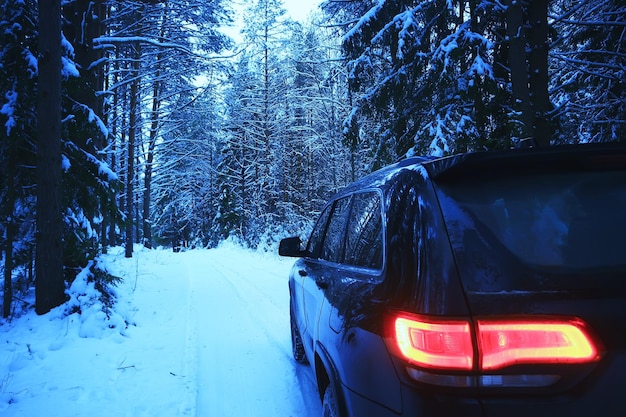 car winter forest travel, background december nature