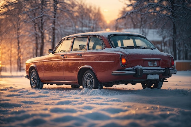 car winter wheel on icy winter snow sunset ai generative