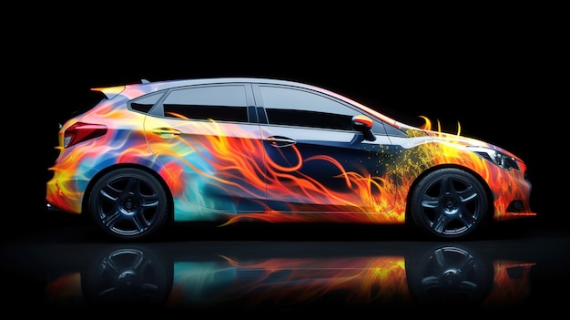 Car with airbrushing and neon lights on a dark background