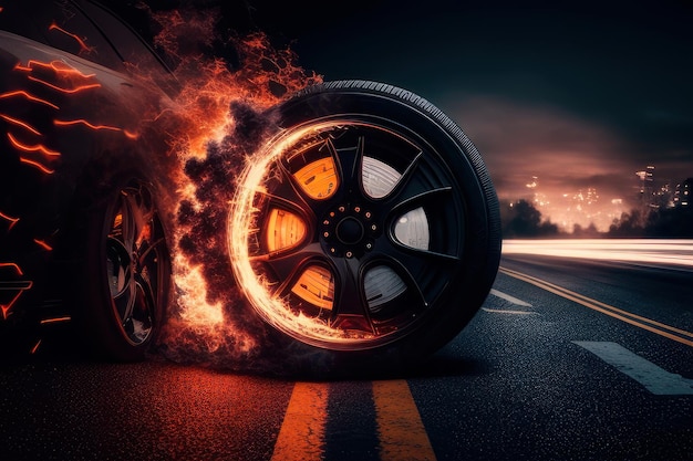 A car with a burning tire on the road