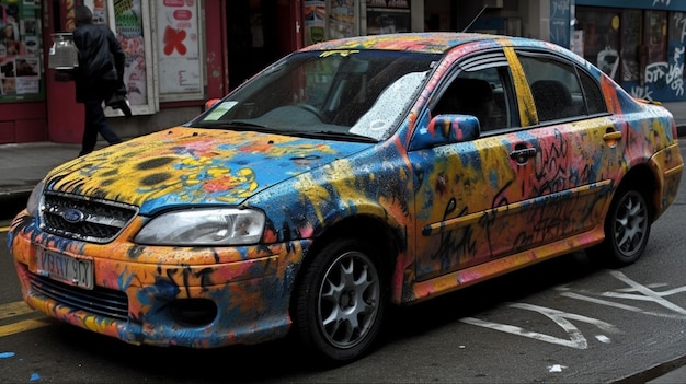 A car with a colorful paint job is parked in a street.