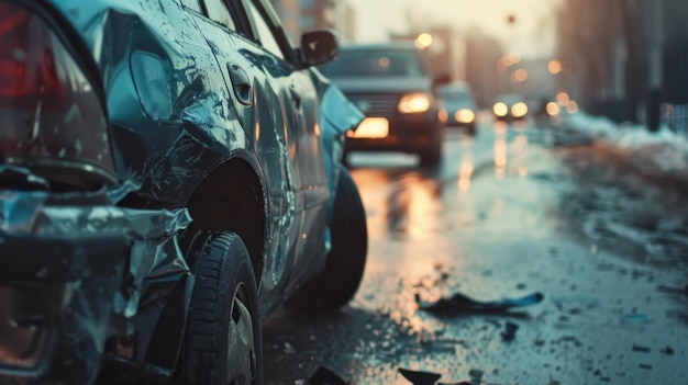 A car with a dented side is parked on a wet road at dusk illuminated by the soft light of street lamps Car after an accident