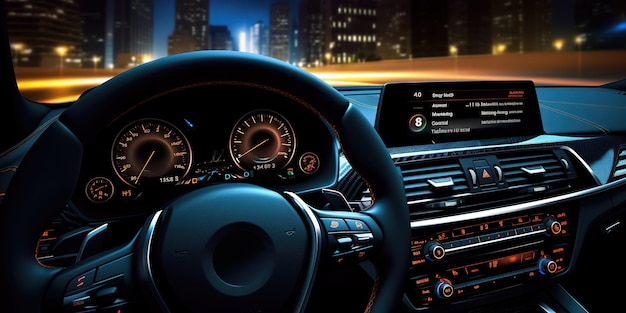 A car with a digital display in the center of the dashboard