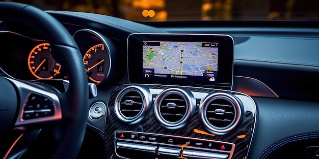 A car with a digital display in the center of the dashboard