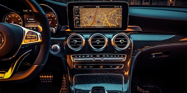 A car with a digital display in the center of the dashboard