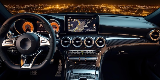 A car with a digital display in the center of the dashboard