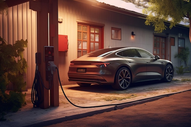 A car with an ev charger outside a garage with Generative AI