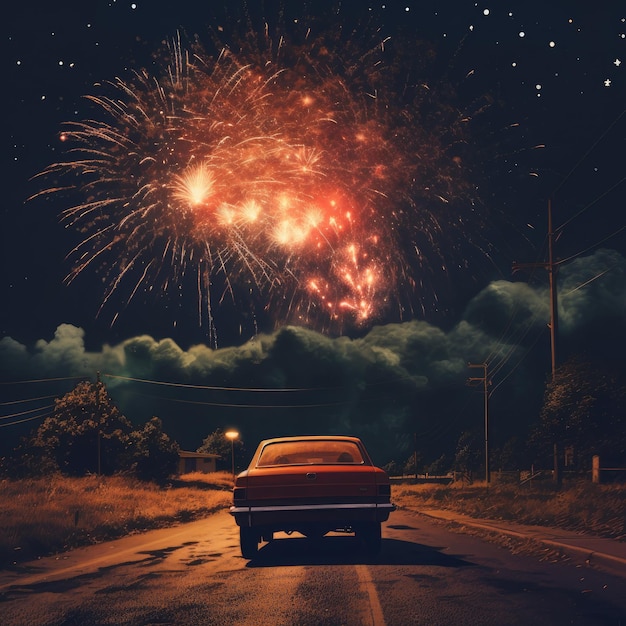 a car with fireworks in the background with a car driving down the road.